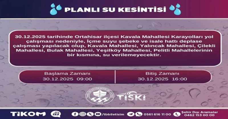 TRABZON'DA 6 MAHALLEDE PLANLI SU KESİNTİSİ YAPILACAK