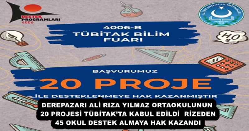 DEREPAZARI ALİ RIZA YILMAZ ORTAOKULUNUN 20 PROJESİ TÜBİTAK’TA KABUL EDİLDİ  RİZEDEN 45 OKUL DESTEK ALMAYA HAK KAZANDI