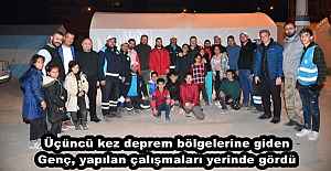 Üçüncü kez deprem bölgelerine giden Genç, yapılan çalışmaları yerinde gördü