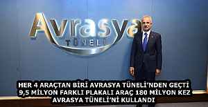 HER 4 ARAÇTAN BİRİ AVRASYA TÜNELİ’NDEN GEÇTİ  9,5 MİLYON FARKLI PLAKALI ARAÇ 180 MİLYON KEZ AVRASYA TÜNELİ’Nİ KULLANDI