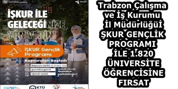 Trabzon Çalışma ve İş Kurumu İl MüdürlüğüİŞKUR GENÇLİK PROGRAMI İLE 1.820 ÜNIVERSİTE ÖĞRENCİSİNE FIRSAT