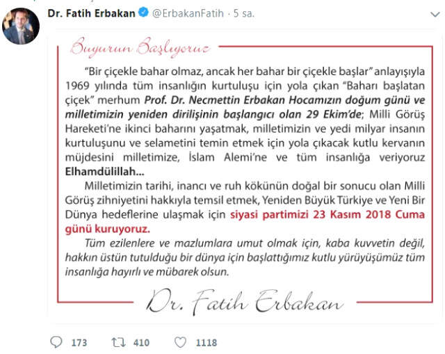 Fatih Erbakan, 23 Kasım'da Yeni Bir Parti Kurulacağını Duyurdu