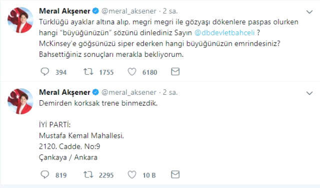 İYİ Parti Lider Akşener'den MHP Lideri Bahçeli'te Cevap: Demirden Korksak Trene Binmezdik