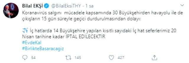 Son Dakika: Türk Hava Yolları iç hat seferlerini 20 Nisan'a kadar durdurdu Son Dakika: Türk Hava Yolları iç hat seferlerini 20 Nisan'a kadar durdurdu