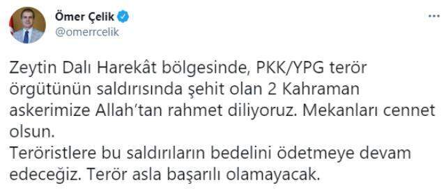 Son Dakika: Zeytin Dalı Harekatı bölgesindeki terör saldırısında 2 askerimiz şehit oldu